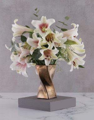 sympathy St Joseph Lilies in Twisty Bronze Vase